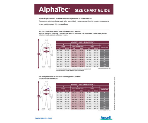 AlphaTec Size Chart Microgards WS